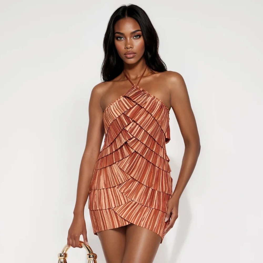 Fashion Nova Copper Ruffle Tiered Mini Dress NWT